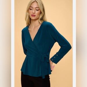 Perseption Concept Emerald V Neck Pendulum Wrap Gold Button Detail Top Medium.